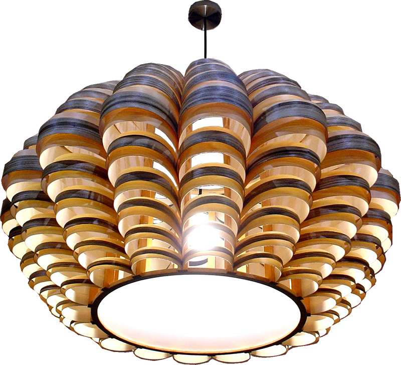 Grote glow hanglamp in 2 houtsoorten, esdoorn en zebrano hout gecombineerd
